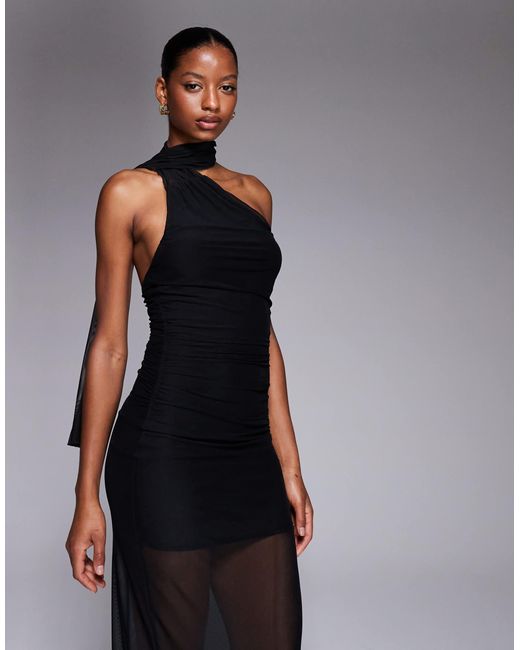 Fashionkilla Blue Exclusive Mesh Overlay Neck Tie Detail Sheer Hem Maxi Dress