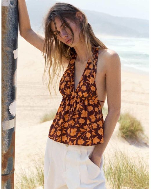 Pull&Bear Haltertop Met Bloemenprint in het Brown