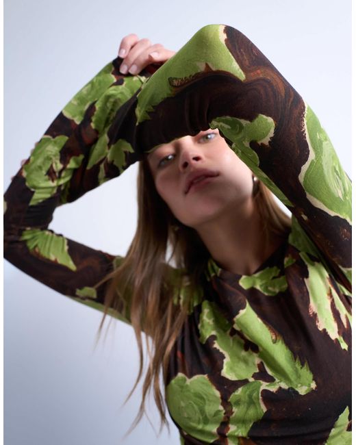 TOPSHOP Multicolor Asymmetric Slash Neck Floral Print Long Sleeve Top