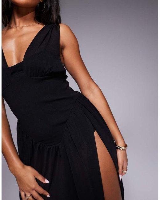 ASOS Black Plunge Stretch Chiffon Midi Dress With Bodice