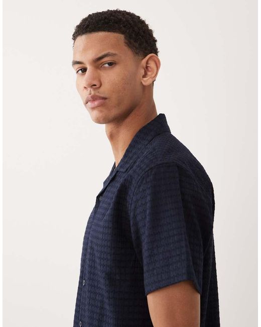 Brave Soul Blue Short Sleeve Textured Shirt With Revere Collar for men