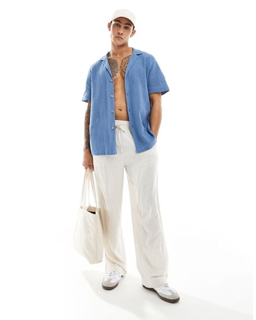 ASOS Blue Short Sleeve Relaxed Deep Revere Cotton Basket Texture Shirt for men