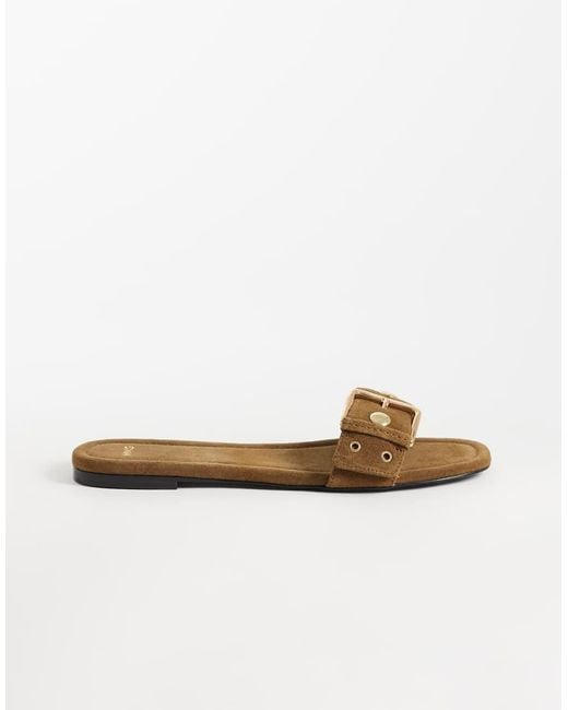 Mango Natural 100% Suede Leather Buckle Detail Flat Slides