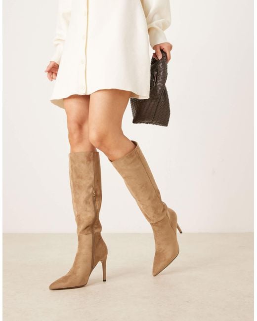 Glamorous Natural Pointed Toe Heeled Knee Boots