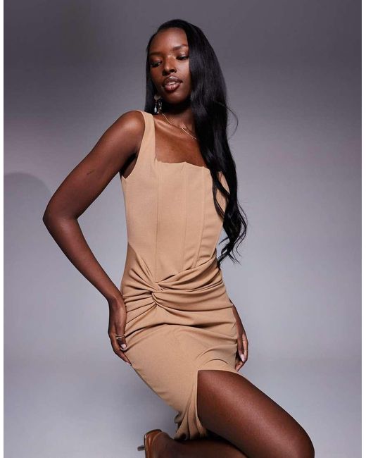 Vestito Midi A Corsetto Color Mocha Con Nodo Sul Davanti di TFNC London in Gray