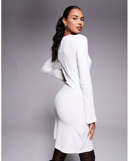 Ribbed Side Ruched Mini ASOS Ribbed Slash Neck Ruched Side Swing Mini Dress in White | Lyst