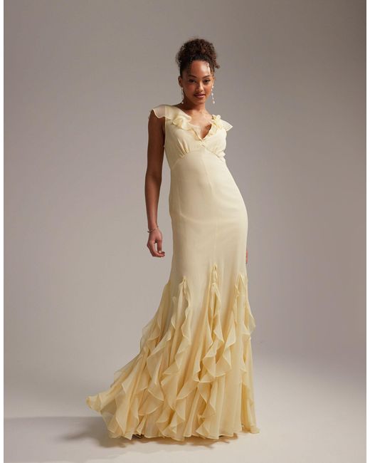 ASOS Natural Bridesmaids Flutter Sleeve Bias Maxi Dress With Godet Frill Hem