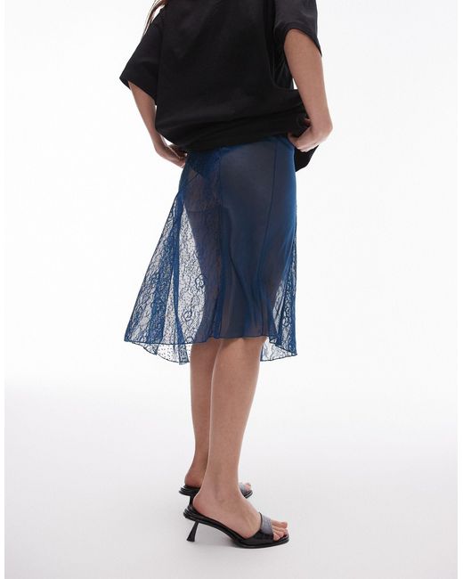 TOPSHOP Blue Sheer Dobby Mesh Panelled 90s Length Skirt