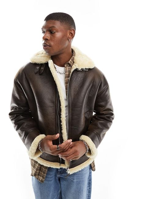 Blouson aviateur en similicuir marron Bershka pour homme en coloris Gris Lyst