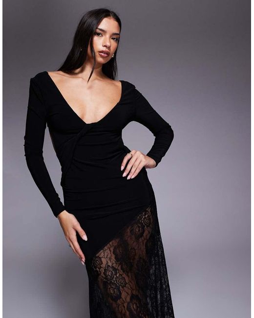 ASOS Blue Lace Mix Slinky Plunge Long Sleeve Maxi Dress
