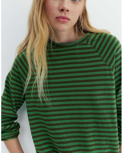 Pull&Bear Green Long-Sleeve Striped T-Shirt