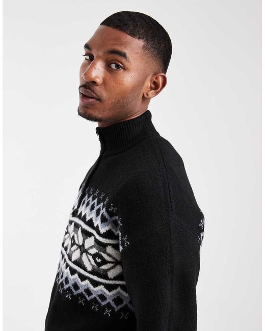 Only & Sons Black Fairisle 1/4 Zip Jumper for men