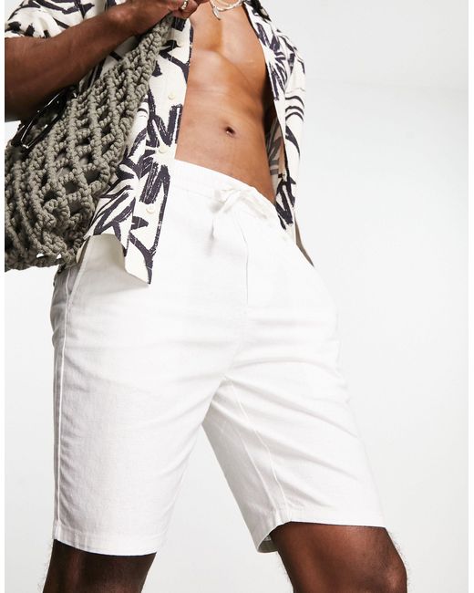 Only & Sons White Linen Mix Elasticated Waist Shorts for men