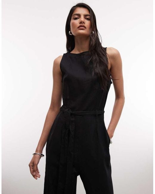 Monki Black Linen Sleeveless Wide Leg Jumpsuit With Tie Belt Detail