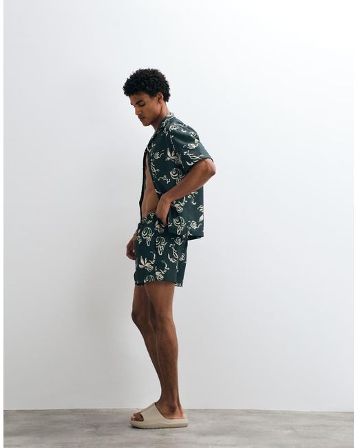 ASOS Green Linen Look Relaxed Camp Collar Shirt With Print for men