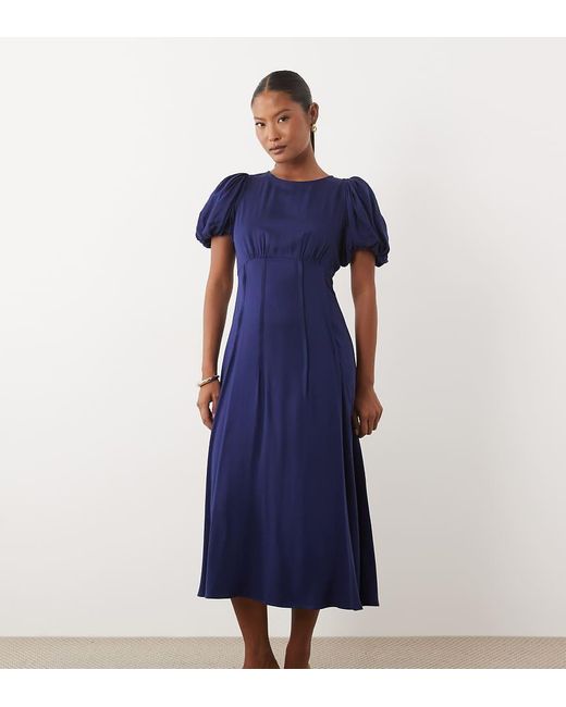 Nobody's Child Petite Blue Quinn Satin Puff Sleeve Midi Tea Dress