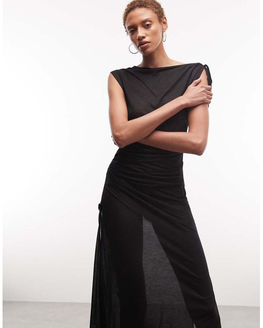 Weekday Black Sheer Slash Neck Maxi Dress With Ruched Side Detail