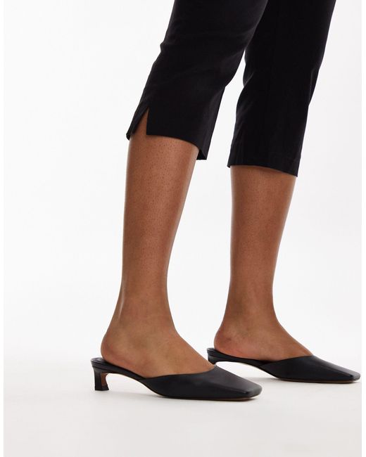 TOPSHOP Black Audrey Premium Leather Mid Heeled Square Toe Mules