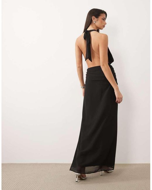 Missy Empire Black Chiffon Plunge Wrap Metal Detailing Open Back Thigh Split Maxi Dress