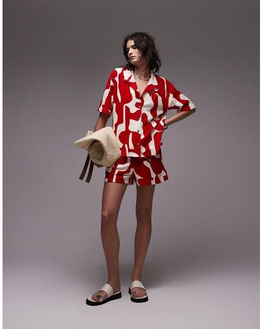 TOPSHOP Red Abstract Print Towelling Shorts Co-ord