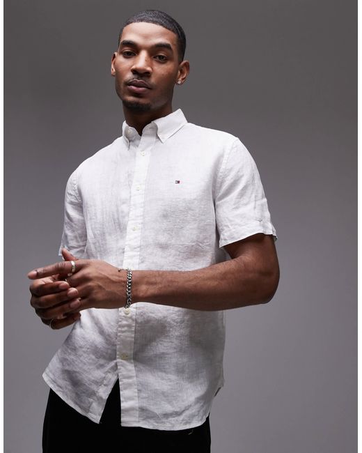 Chemise en lin à manches courtes Tommy Hilfiger pour homme en coloris Gray