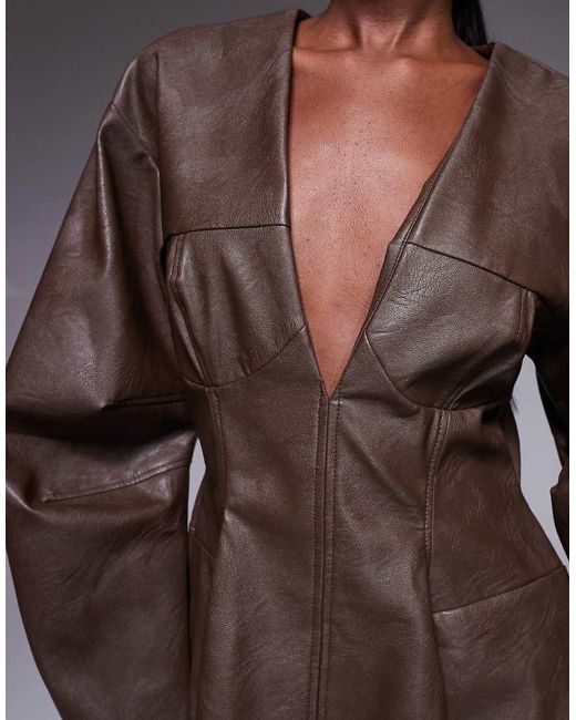 ASOS Brown Structured Pu Cocoon Sleeve Seam Detail Mini Dress
