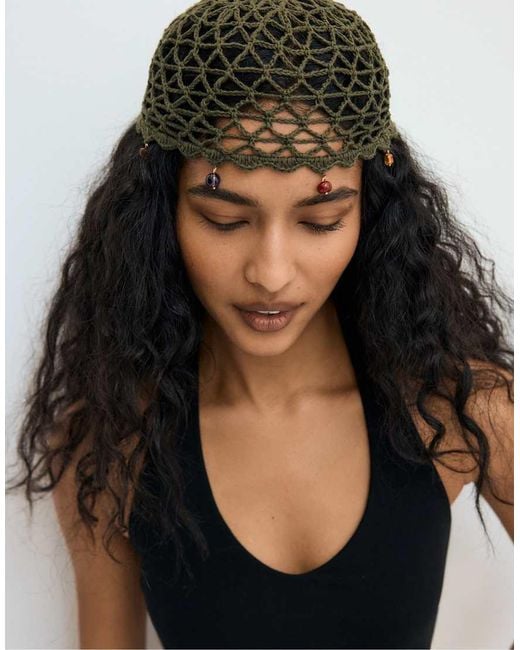 Stradivarius Green Rhinestone Skull Cap