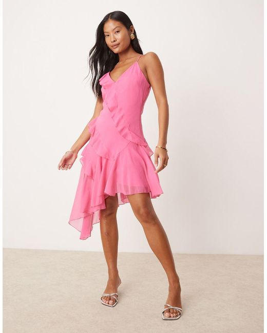 ASOS Pink Asos Design Petite Asymmetric Ruffle Cami Mini Dress