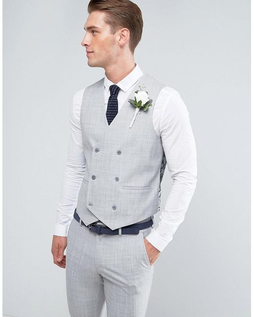 ASOS Wedding Skinny Suit Vest In Crosshatch Nep Light Gray With Floral Print Lining for men