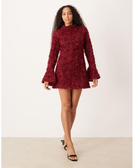 Amy Lynn Red Textu Bell Sleeve High Neck Mini Dress