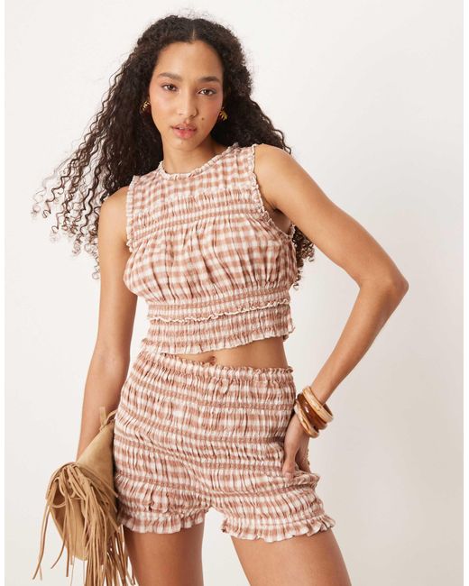 Str - crop top d'ensemble froncé à carreaux avec col montant Stradivarius en coloris Pink