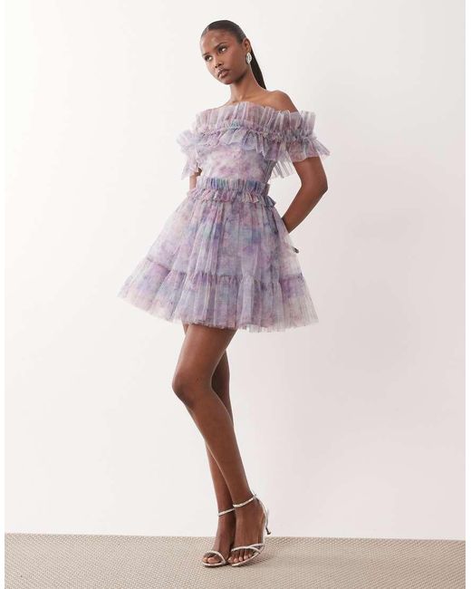 LACE & BEADS Purple Tulle Strapless Ruffle Detailing Mini Skater Dress