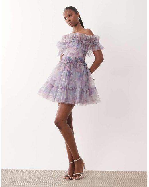 LACE & BEADS Purple Tulle Strapless Ruffle Detailing Mini Skater Dress