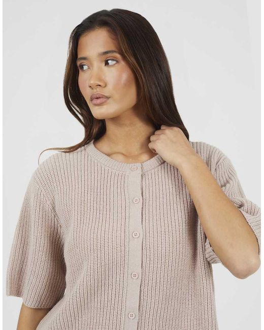 Brave Soul Natural Short Sleeve Crew Neck Fisherman Knit Cardigan