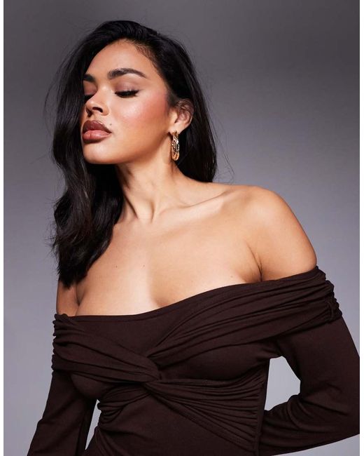ASOS Brown Off Shoulder Twist Midi Dress With Long Sleeves