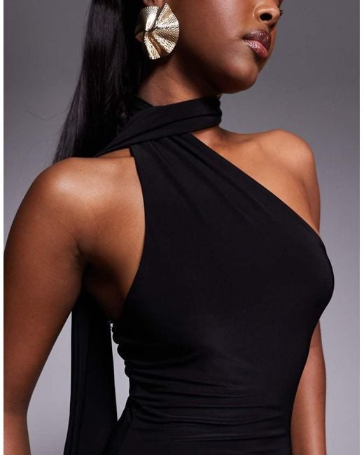 Fashionkilla Black Exclusive Slinky Double Sculpted Halterneck Scarf Detail Mini Dress