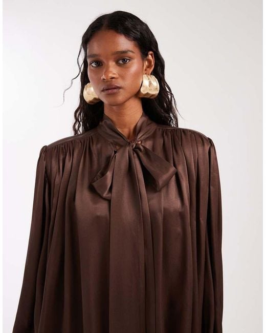 ASOS Brown Satin Shoulder Pad Volume Gathered Blouse