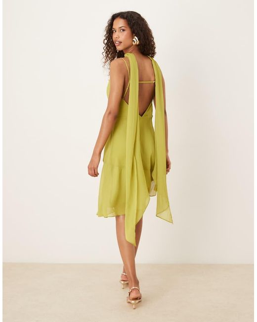 Six Stories Yellow Scarf Neck Asymmetric Ruffle Mini Dress