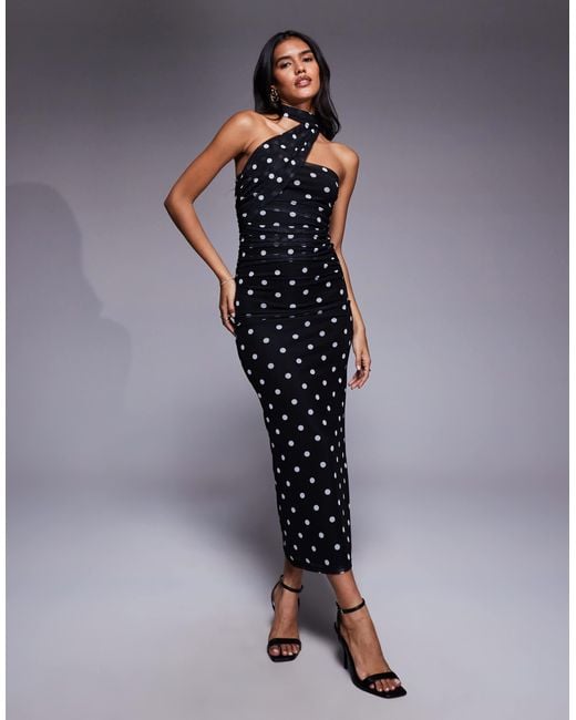 ASOS Printed Polka Dot Bandeau Maxi Dress With Scarf Detail in Blue | Lyst