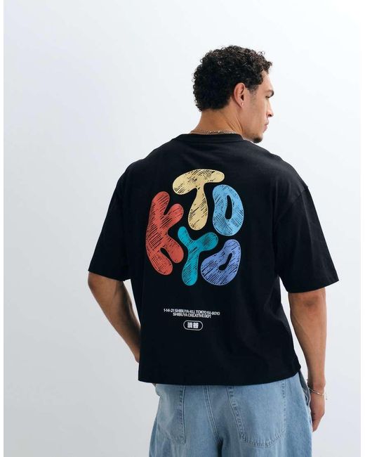 ASOS Blue Boxy Oversized T-shirt With Scribbled Kyoto Bubble Text Print for men