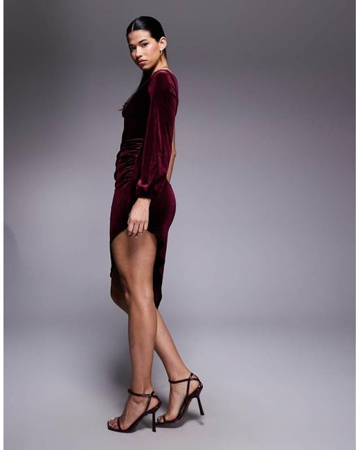 Vesper Purple Velvet One Sleeve Asymmetric Midi Dress