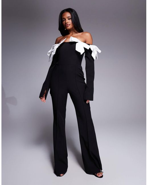 ASOS Blue Satin Bow Off-shoulder Jumpsuit