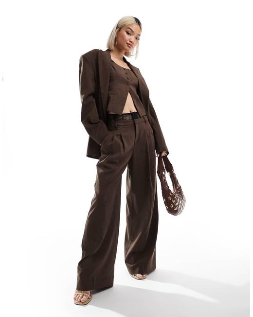 Bershka Brown Oversized Wide Leg Tailored Trousers