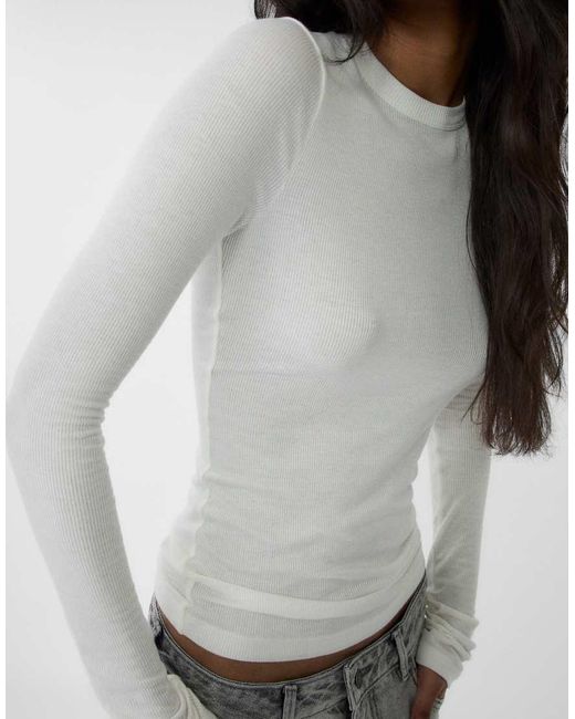 Stradivarius Geribbeld T-Shirt Met Lange Mouwen in het Natural