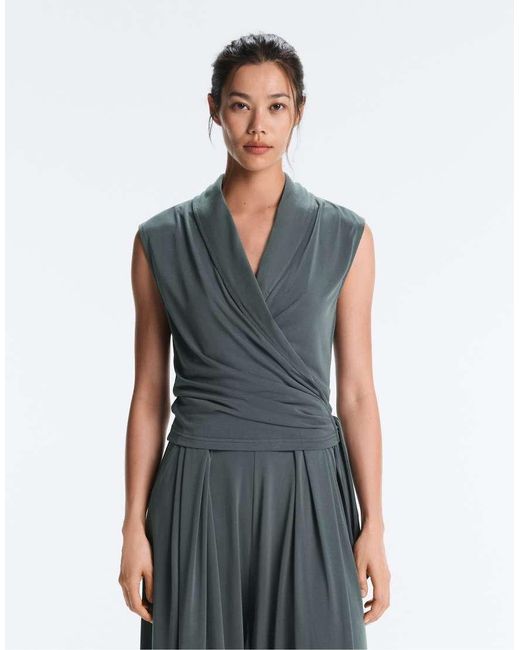 Oysho Gray Modal Blend Sleeveless Crossover T-shirt