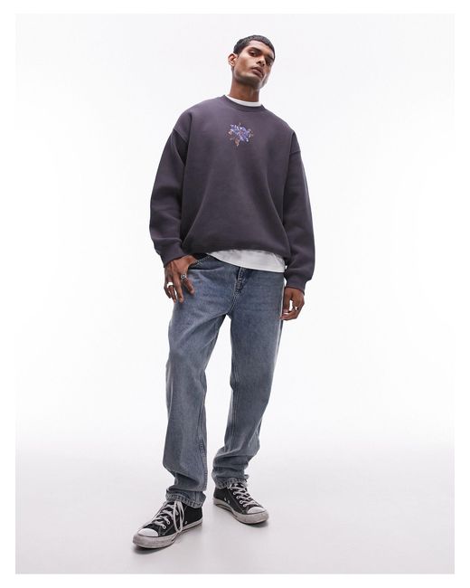 Topman Blue Oversized Fit Sweatshirt With Painted Floral Print for men