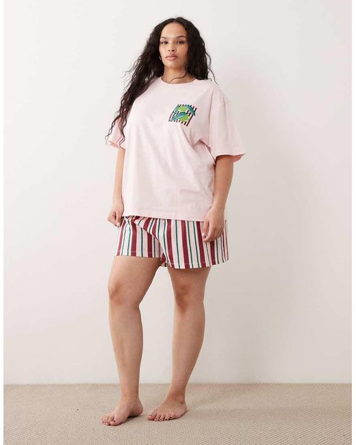 ASOS Red Asos Design Curve Oversized Tee And Short Pyjama Set With Farmers Market Graphic