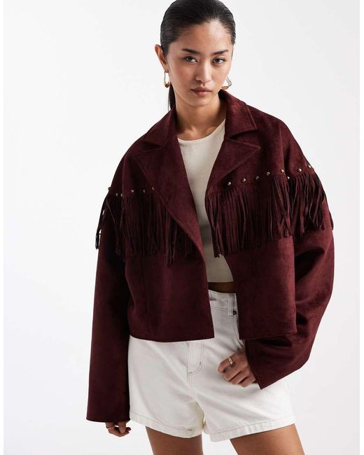 Miss Selfridge Brown Faux Suede Crop Fringe Stud Jacket