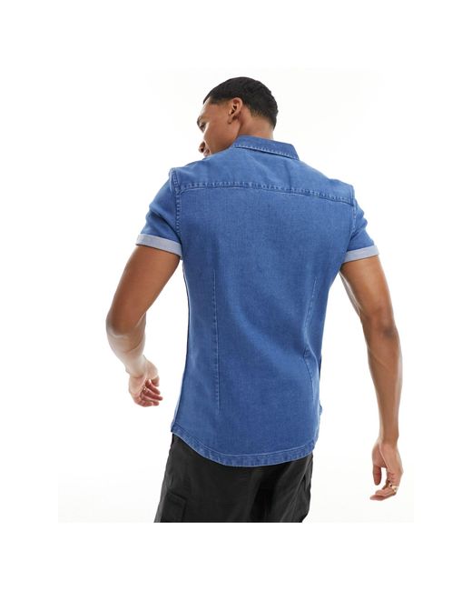 ASOS Blue Slim Roll Sleeve Denim Shirt With Button Down Collar for men