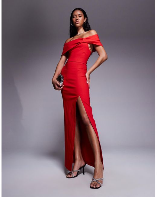 Robe longue fendue sur le côté en bengaline avec détail cintré et encolure bardot Vesper en coloris Red